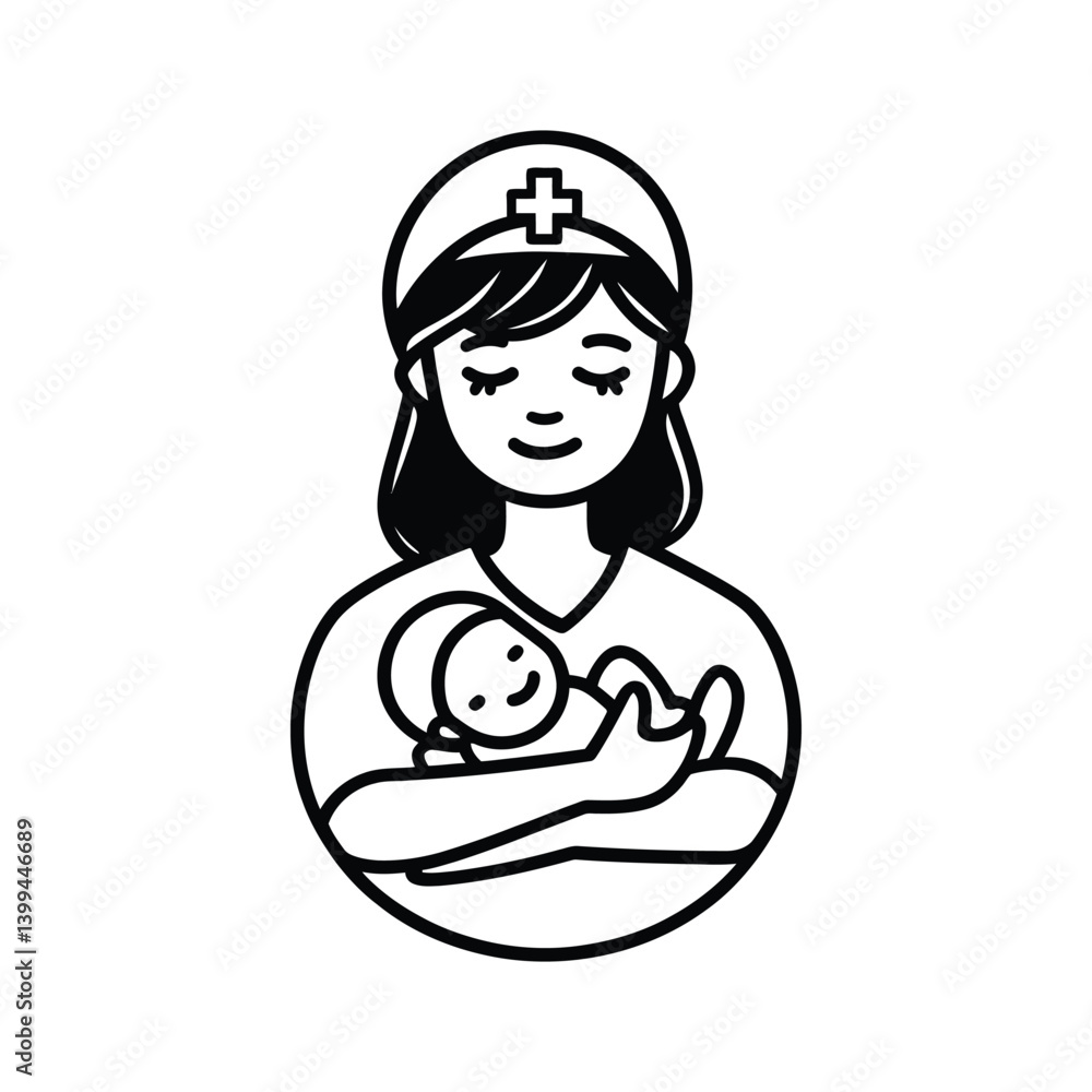 Minimalist Black and White Illustration of a Nurse Holding a Smiling Baby – Representation of Healthcare and Infant Care Vector Art Minimalist Black and White Illustration of a Nurse Holding a Smiling Baby – Representation of Healthcare and Infant Care Vector Art