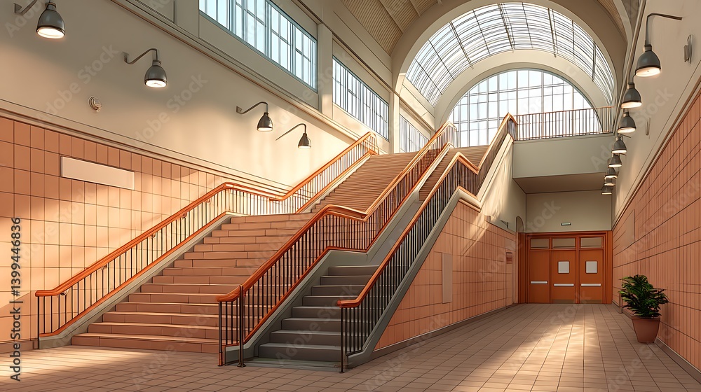 Obraz premium Modern Interior Design of a Bright Staircase in a Spacious Building with Natural Light and Clean Lines