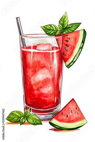 Glass vibrant watermelon juice served with a fresh basil leaf