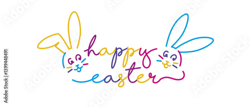 Easter handwritten colorful calligraphy lettering typography with happy Easter bunny line design greeting card banner on white background