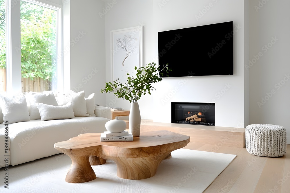 Fototapeta premium Cozy and Inviting Modern Farmhouse Living Room with Exposed Brick Fireplace Overstuffed Linen Sofa Distressed Wood Side Tables and Scandinavian Inspired Decor Elements