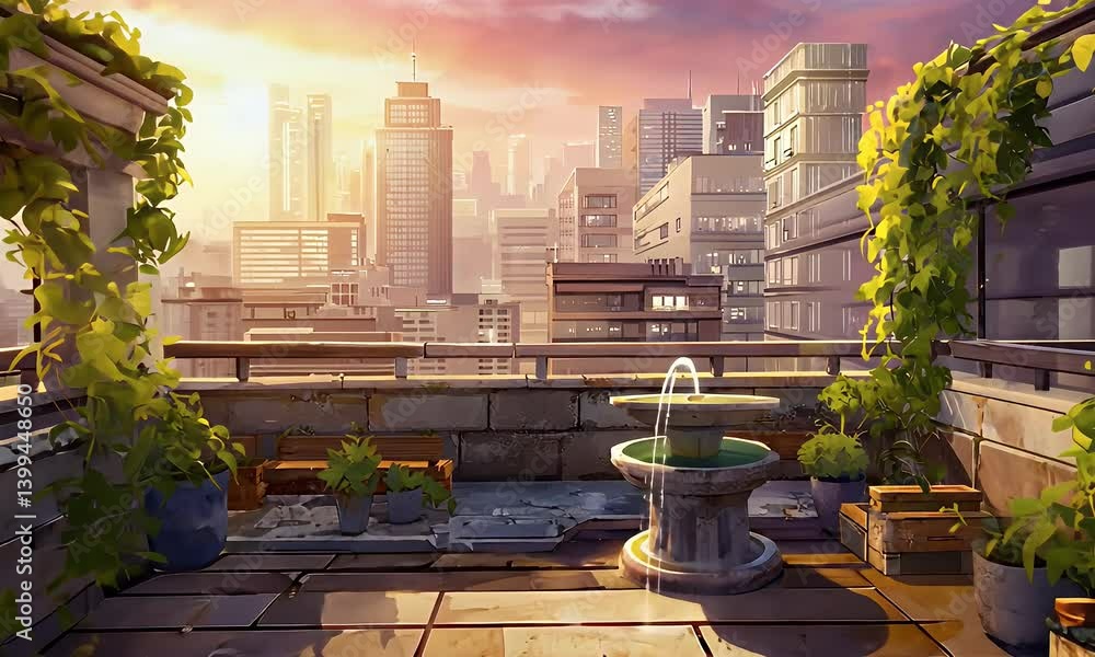 tranquil video of green rooftop garden with small fountain and stone railings in a dreamy anime urban setting tranquil video of green rooftop garden with small fountain and stone railings in a dreamy anime urban setting