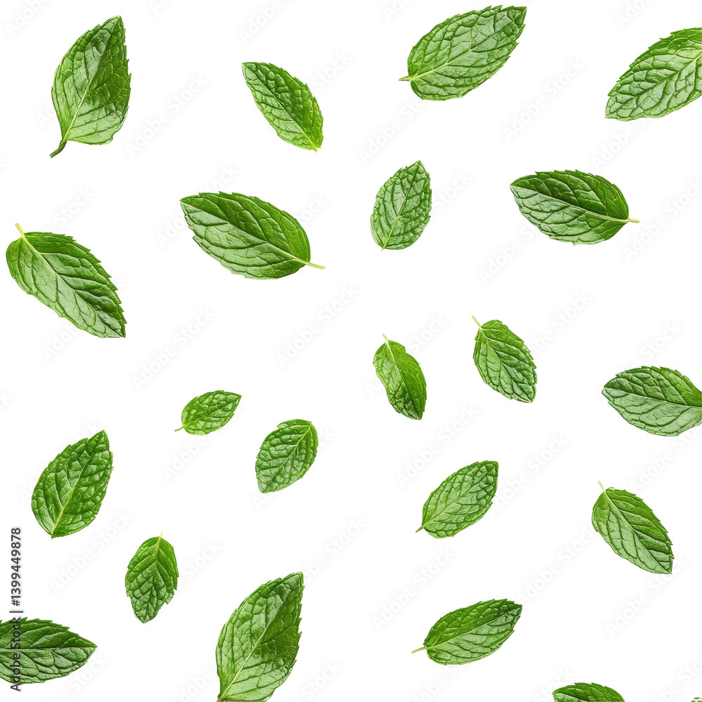 Fresh mint leaves scattered on a transparent background for culinary and decorative uses, Fresh mint leaves pattern isolated on transparent background Fresh mint leaves scattered on a transparent background for culinary and decorative uses, Fresh mint leaves pattern isolated on transparent background