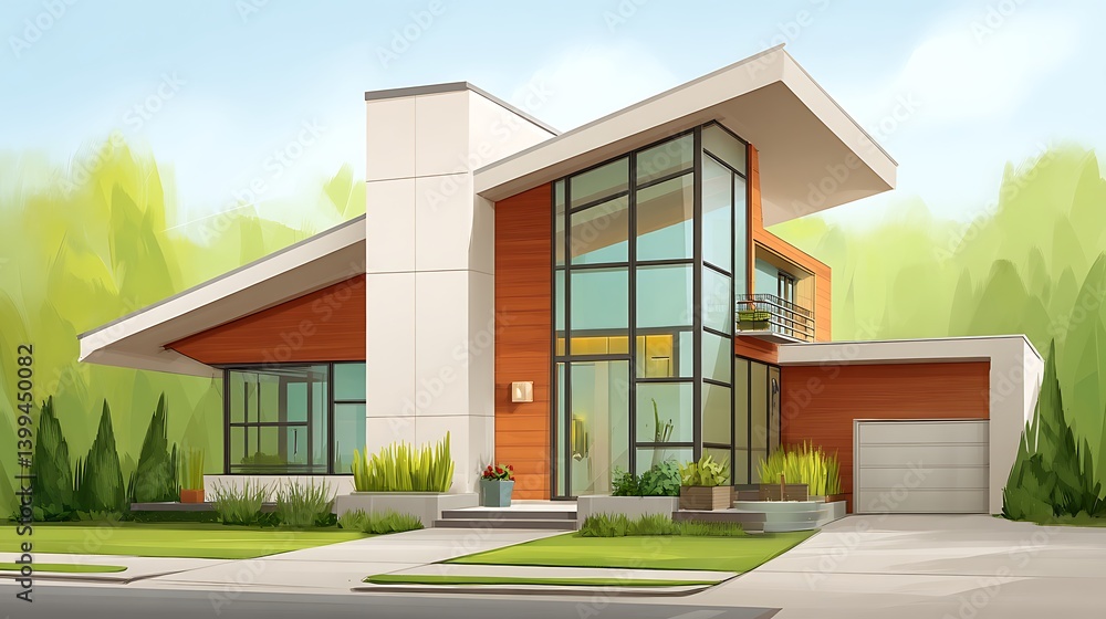 Modern Elegant House Design with Large Windows and Unique Roof Structure Surrounded by Lush Greenery Modern Elegant House Design with Large Windows and Unique Roof Structure Surrounded by Lush Greenery