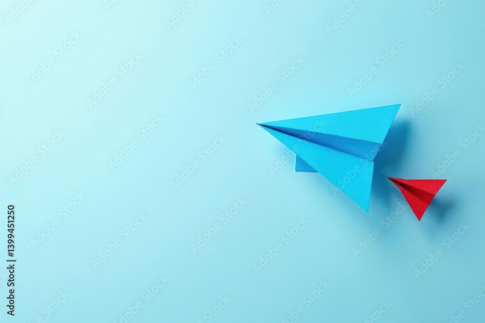A light blue paper airplane leads the way, followed by a smaller red one on a pastel background symbolizing leadership, guidance, and teamwork A light blue paper airplane leads the way, followed by a smaller red one on a pastel background symbolizing leadership, guidance, and teamwork