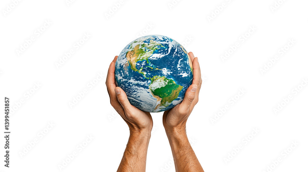Fototapeta premium Hands holding a small globe representing care for the Earth, on white isolated background.