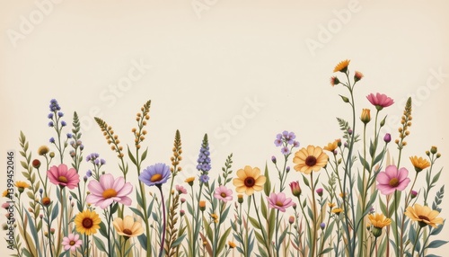 Vibrant Wildflower Meadow Delicate Pastel Blooms in Summer Field A Beautiful Floral Border for Design Projects