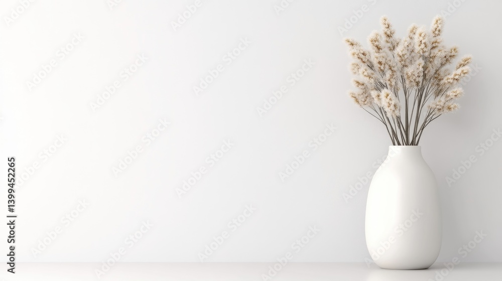 A white ceramic vase with dried flowers on a minimalist white shelf, simple and elegant home decor, and modern interior design concept.