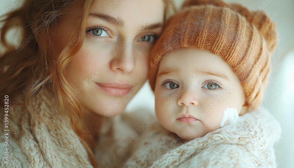 Close-up portrait of a young mother and her baby daughter wearing knitted winter clothing Close-up portrait of a young mother and her baby daughter wearing knitted winter clothing