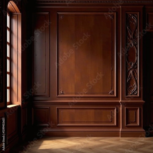 Rich dark wood paneling adorned with intricate carvings and soft ornate patterns, luxurious ambiance, classic elegance, interior design