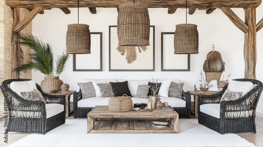 Obraz premium Rustic Living Room Interior with Wicker Furniture