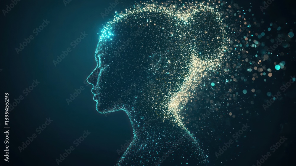 Fototapeta premium Digital representation of a female profile, composed of glowing particles