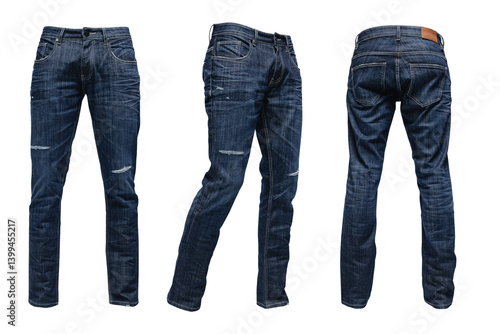 men's dark blue ripped jeans isolated on transparent background	