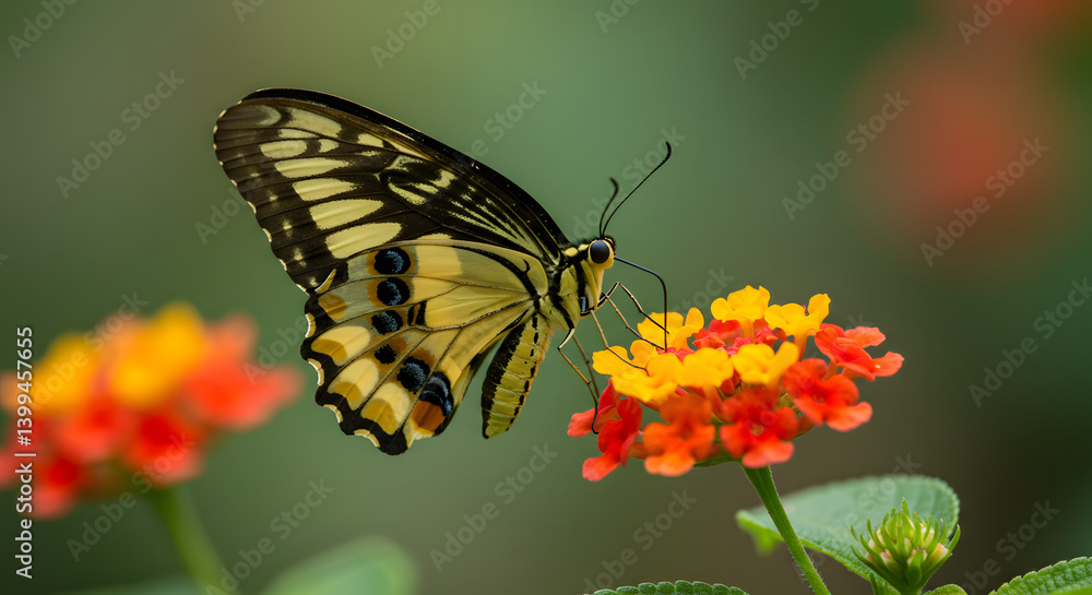 Obraz premium Eastern Tiger Swallowtail butterfly perched on orange Zinnia flowers, its yellow and black wings contrasting with the floral color.