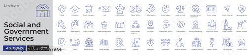Social and Government Services – 40 Flat Editable Vector  Icons for Community and Daily Life.  Linear icon collection.