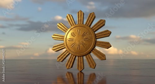Golden Sun of Freedom: A 3D Render of the Philippine Sun Symbol Against a Serene Seascape