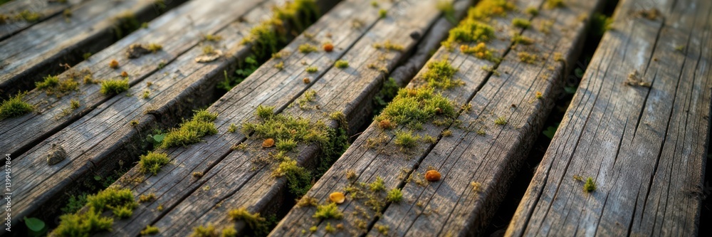 Weathered wooden planks with moss and lichen growth, worn, erosion Weathered wooden planks with moss and lichen growth, worn, erosion