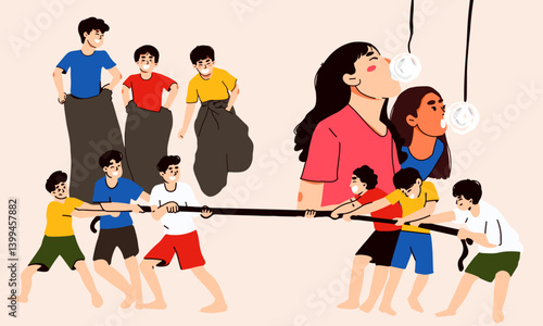 A vibrant flat vector illustration showcasing traditional Indonesian independence day games, known as "lomba 17 Agustus." The image features children enthusiastically participating in fun activities.