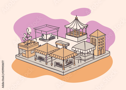 Isometric Street Scene with Buildings and Market Stalls