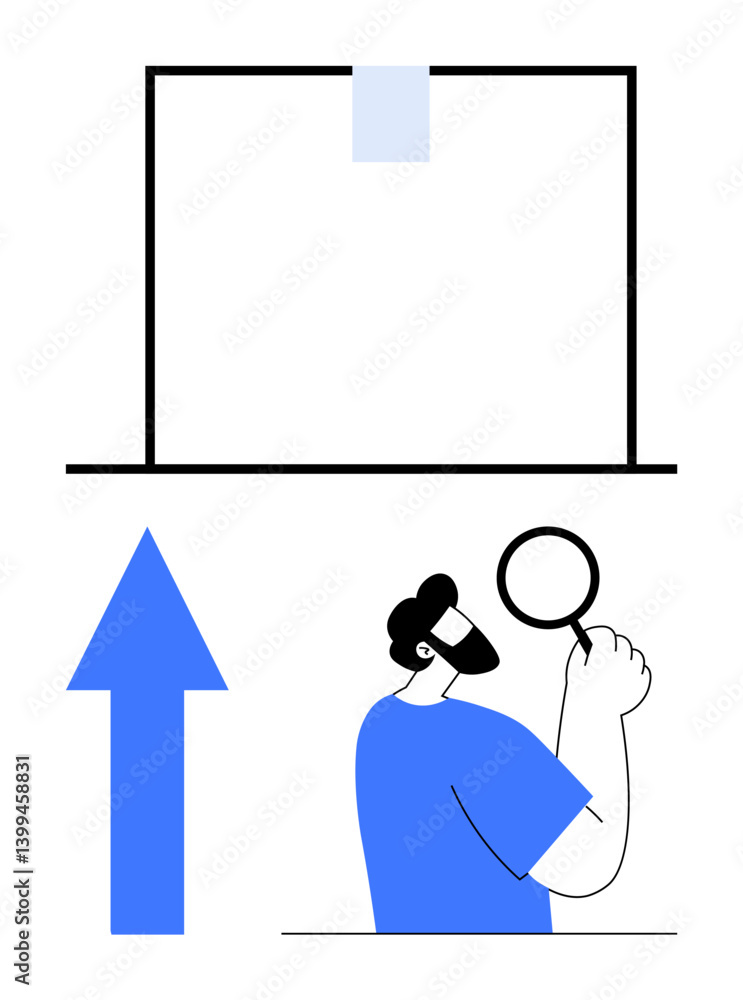 Man holding magnifying glass inspecting document, blue arrow pointing upward symbolizing growth, progress. Ideal for research, analysis, development, improvement, strategy, goal setting evaluation Man holding magnifying glass inspecting document, blue arrow pointing upward symbolizing growth, progress. Ideal for research, analysis, development, improvement, strategy, goal setting evaluation
