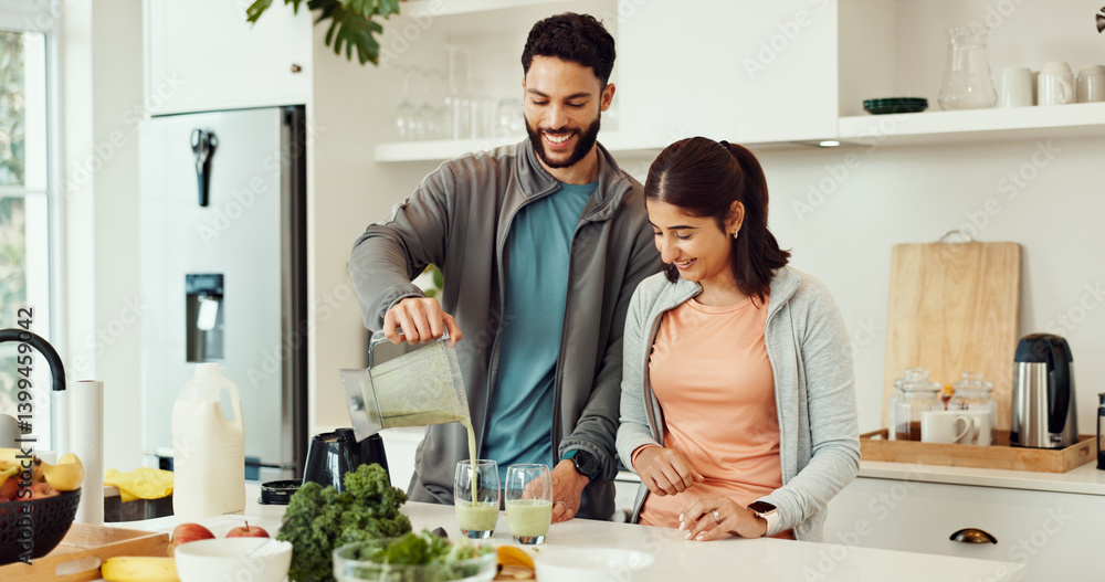 Kitchen, blender and couple with smoothie in morning for health, wellness and vitamins. Home, happy and man and woman with shake, drink and recipe for nutrition, organic diet and detox benefits Kitchen, blender and couple with smoothie in morning for health, wellness and vitamins. Home, happy and man and woman with shake, drink and recipe for nutrition, organic diet and detox benefits