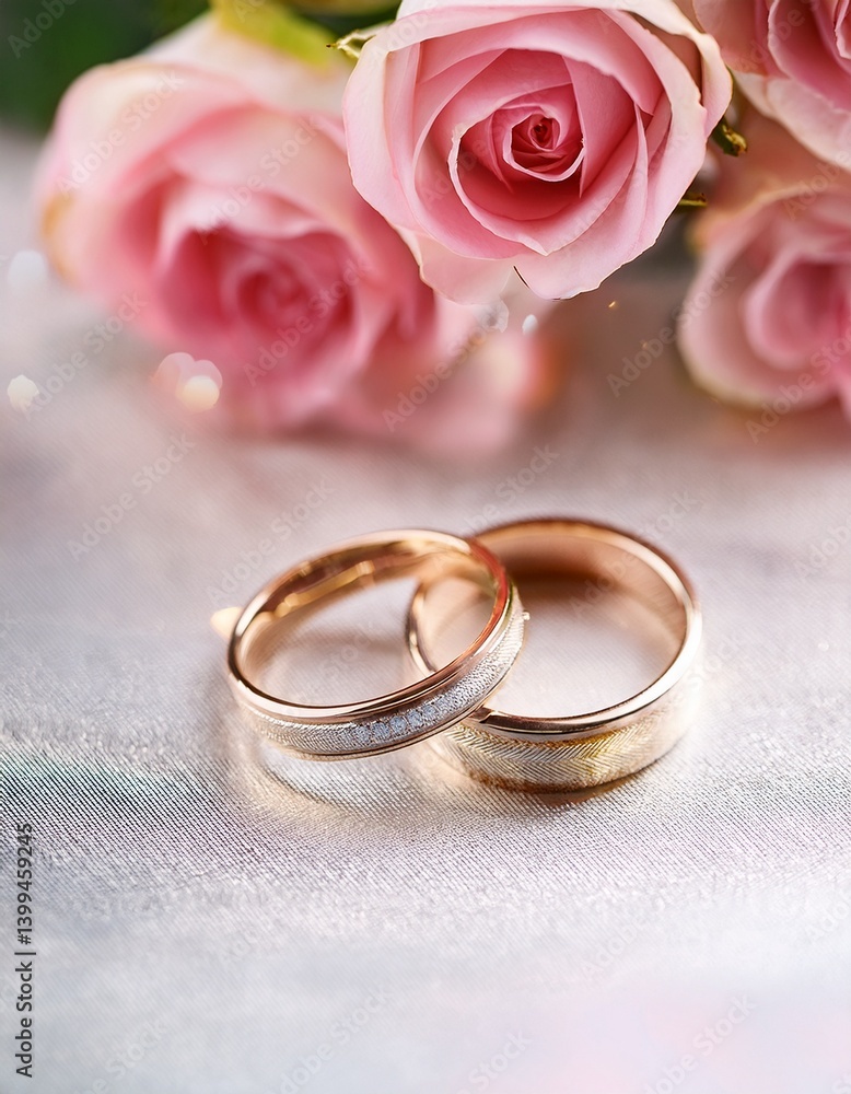 Pink roses and two golden and diamond wedding rings Pink roses and two golden and diamond wedding rings