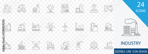Industry thin line icon set. containing Factory, Manufacturing, Production, Machinery, Engineering, Construction and more  icons