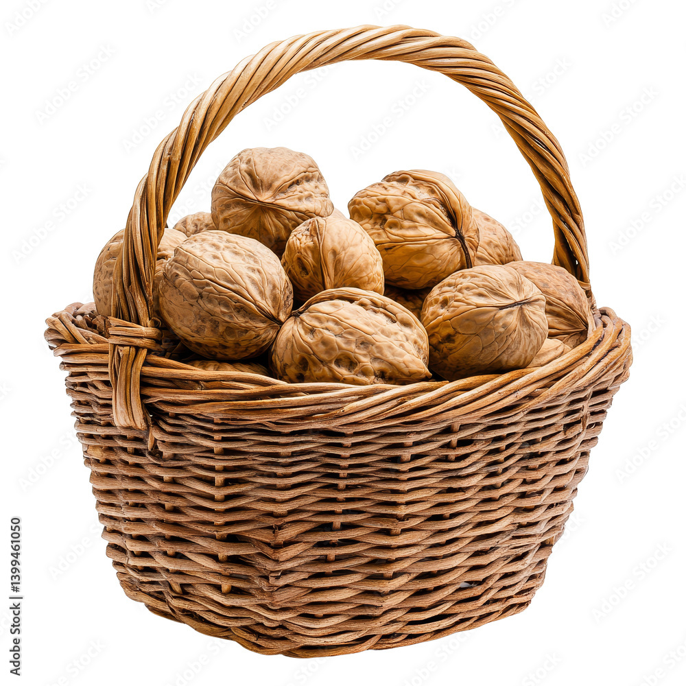 Fresh walnuts in a woven basket sitting against a clear transparent background, highlighting their natural texture and color, walnuts in basket isolated on transparent background Fresh walnuts in a woven basket sitting against a clear transparent background, highlighting their natural texture and color, walnuts in basket isolated on transparent background