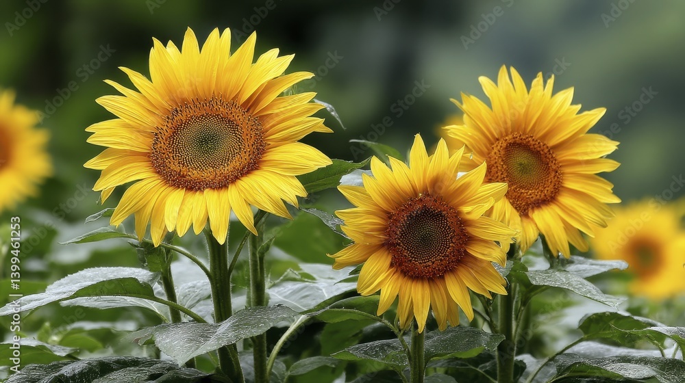 Naklejka premium Golden sunflowers basking in the afternoon sun, showcasing their rich, deep yellow hue - flowers blossom petals day rural