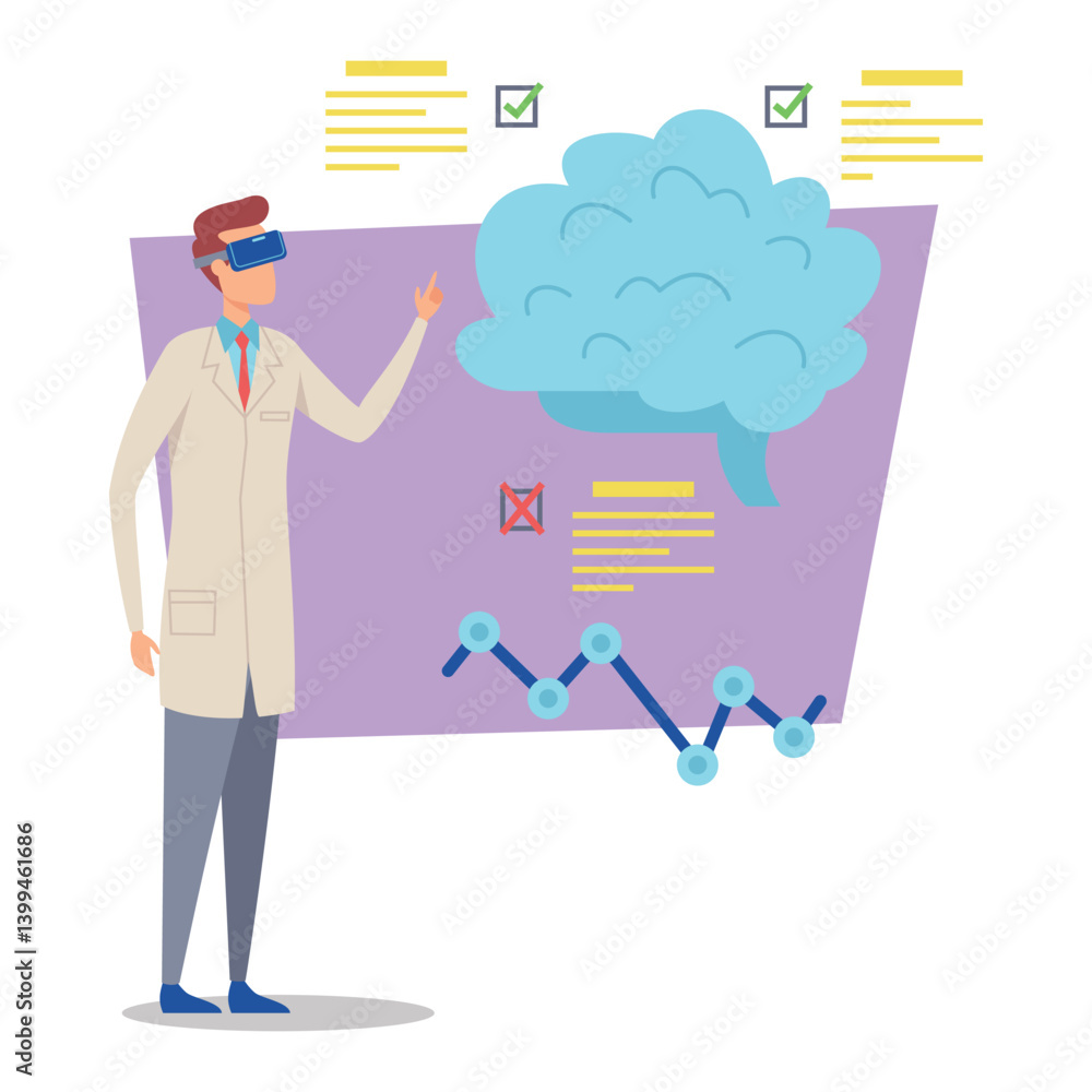 Doctor in lab coat engaged in virtual reality technology to examine medical data represented as graphs and notes. Patient care and innovation concept Doctor in lab coat engaged in virtual reality technology to examine medical data represented as graphs and notes. Patient care and innovation concept