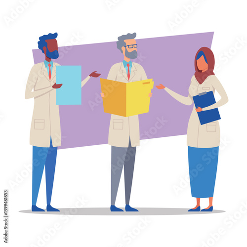 Three doctors in lab coats engaged in discussion about patient care strategies. They holding folders and sharing ideas in modern clinic environment