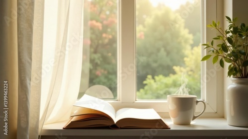 Serene Morning Open Book, Warm Beverage, and Sunlight Streaming Through Sheer Curtains on a Windowsill
