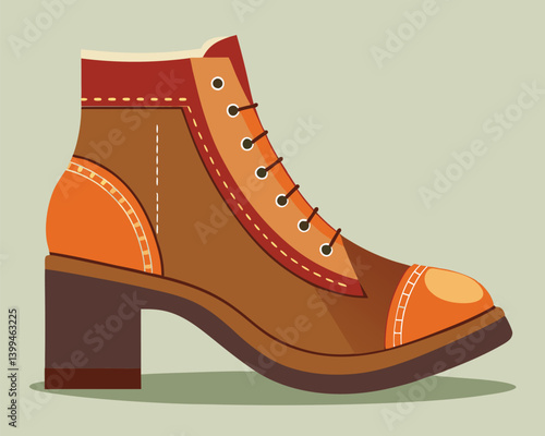 Vintage Style Brown Ankle Boots with Orange Accents. Fashion Illustration