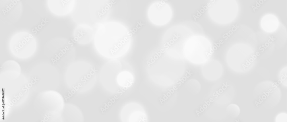 White bokeh, blurred grey background with sparkling lights, blurry glitter effect. Bright soft abstract background. Vector illustration.