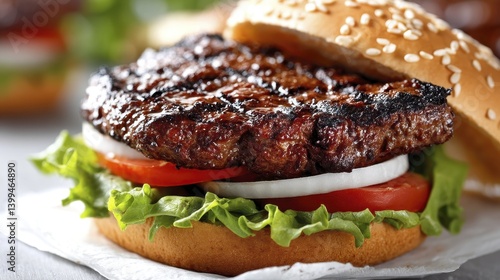 Juicy grilled hamburger patty nestled in a toasted sesame seed bun, lettuce, tomato, onion - toasted summer red barbecue tomato