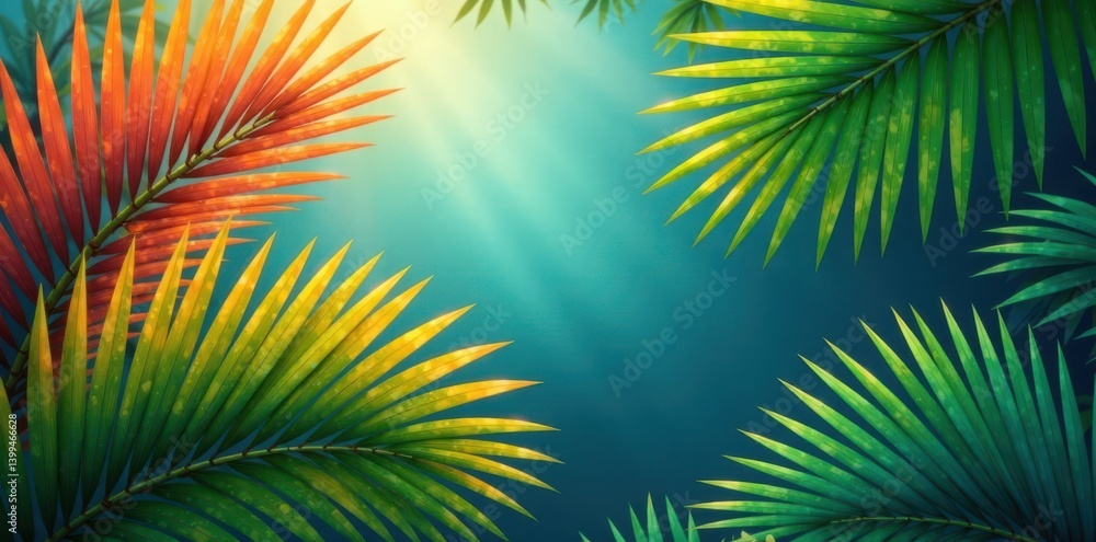 Fototapeta premium Palm leaves in vibrant colors against a serene tropical backdrop, leaves, beach scene