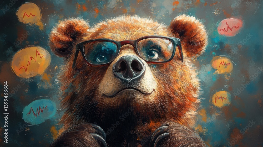 Fototapeta premium Intelligent Bear Wearing Glasses Surrounded by Graphs and Symbols