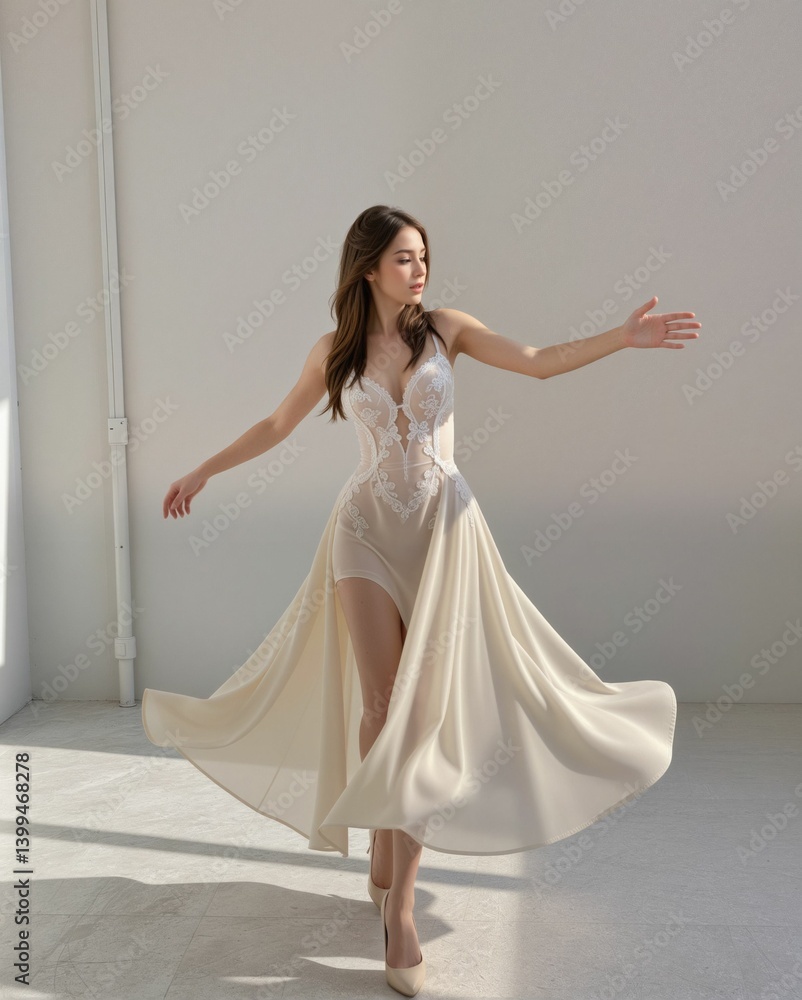 A graceful model showcases a stunning, flowing gown with intricate details, striking a pose in a bright, minimalist space. A graceful model showcases a stunning, flowing gown with intricate details, striking a pose in a bright, minimalist space.