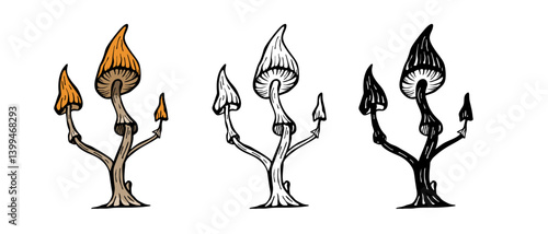Fantastic mushrooms vector illustration  in ink style