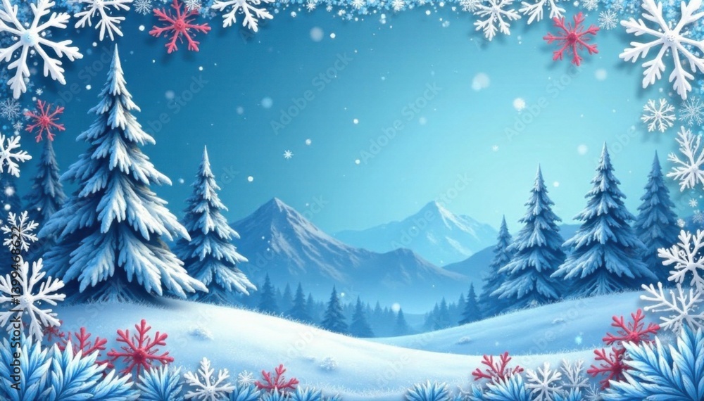 Obraz premium Snowflake border with intricate details and frosty colors surrounding a serene winter landscape illustration, snow globe, winter wonderland, christmas card