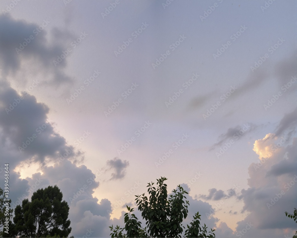 A serene sky filled with soft clouds at dusk, framed by silhouetted trees, creating a peaceful and tranquil atmosphere. A serene sky filled with soft clouds at dusk, framed by silhouetted trees, creating a peaceful and tranquil atmosphere.