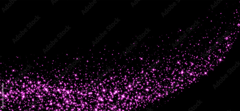 Pink stars and sparkles, magic star dust background, light effect with flares. Shiny particles, glowing shimmer. Holiday decoration. Vector illustration.