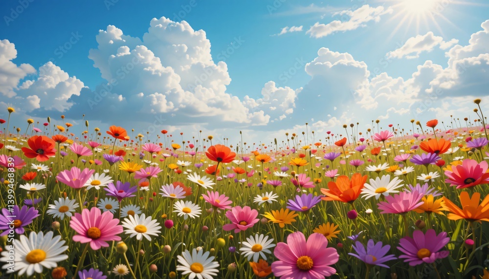 A lively countryside field flourishing with colorful flowers, basking under sunshine, against a backdrop of puffy clouds in a serene blue sky. A lively countryside field flourishing with colorful flowers, basking under sunshine, against a backdrop of puffy clouds in a serene blue sky.