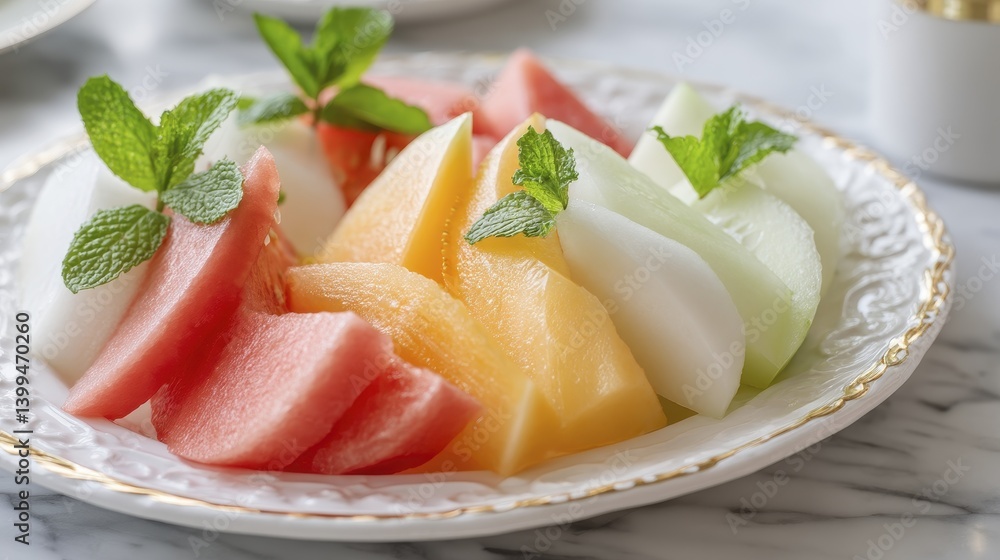 Delicate slices of watermelon and cantaloupe artfully arranged with sprigs of mint for a refreshing summer dessert - food farm eating healthy Delicate slices of watermelon and cantaloupe artfully arranged with sprigs of mint for a refreshing summer dessert - food farm eating healthy