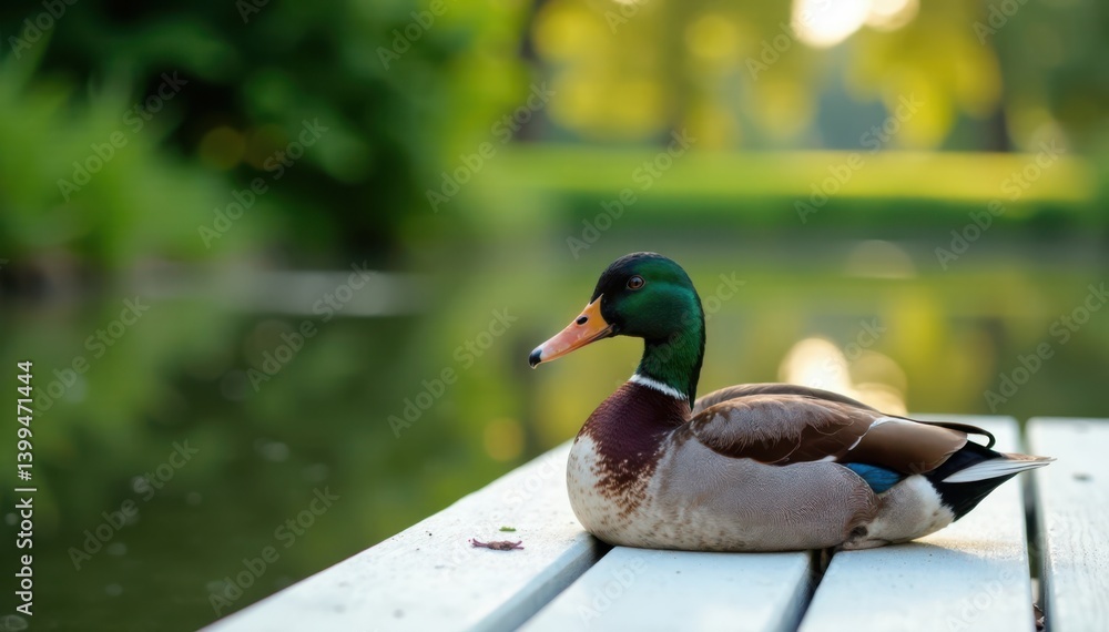 Fototapeta premium Waterfowl sitting on white wooden dock with a small pond in the background, calm, peaceful