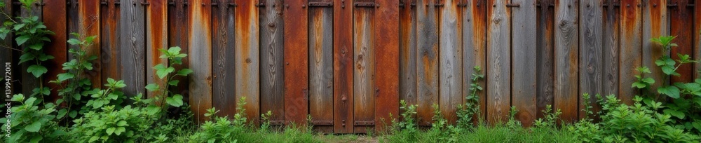 Wooden fence with rusty metal and overgrown plants, grunge, wooden texture, Wooden fence with rusty metal and overgrown plants, grunge, wooden texture,