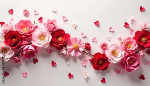 A delicate floral wave of red and pink flowers intertwined with white hearts, love, carnation, flowers
