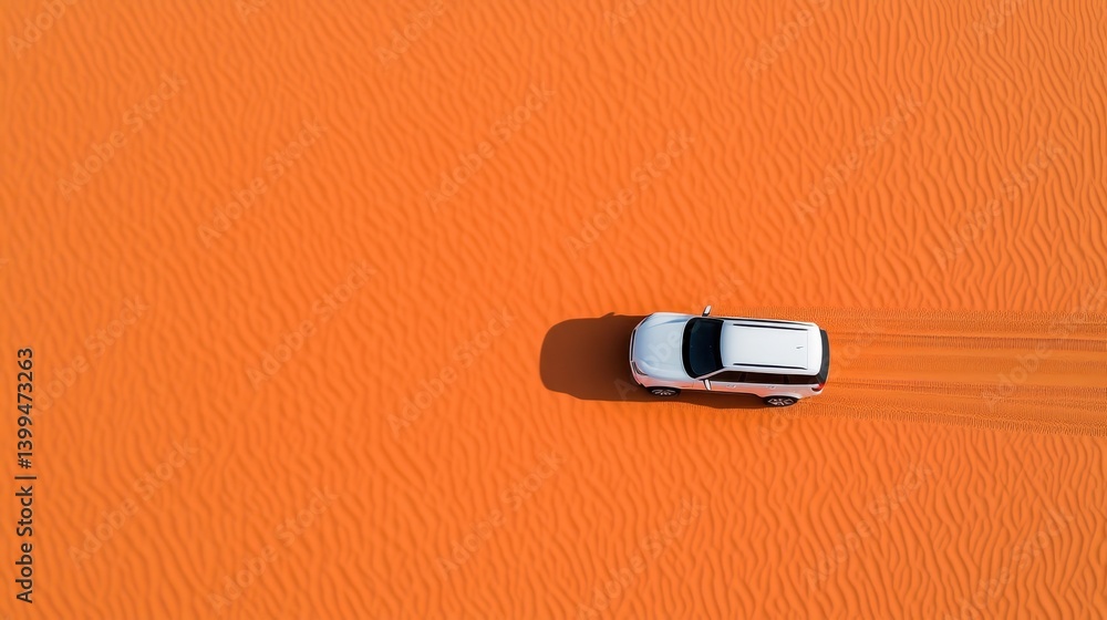 Fototapeta premium Majestic aerial view of a white car trailing through vibrant orange sand dunes, showcasing colorful desert landscapes and adventure.
