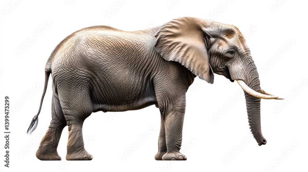 Obraz premium Side view of a large African elephant against a white background. Possible use for educational resources, or zoology content