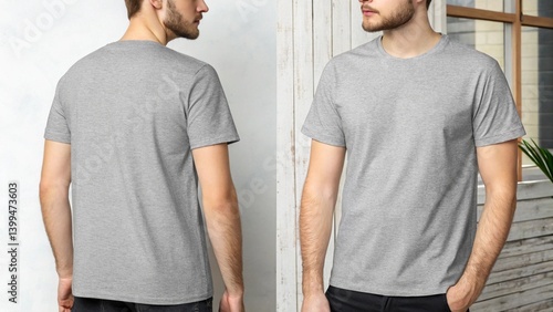 Grey male t-shirt realistic mockup set from front and back view, blank textile print design template for fashion apparel. Created with Generative AI 